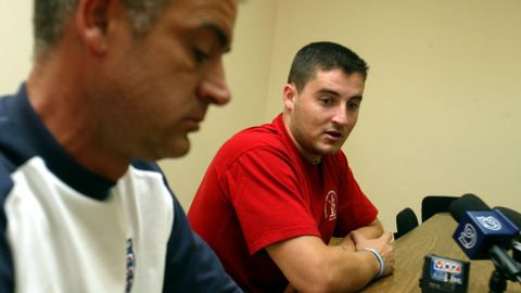 Rueda de prensa junto a su entrenador, Suso Morl�n.