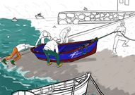 Uno de los dibujos del cuaderno que se presenta este mediod�a en la rampa del muelle de Cedeira