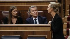 El l�der del PP, Alberto N��ez Feijoo, charlando en el Congreso con la portavoz del grupo, Ester Mu�oz, y la diputada Cayetana �lvarez de Toledo