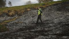 Un agente revisando el terreno quemado por ese vecino de Oza-Cesuras. 