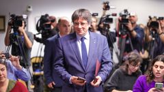 El expresidente catal�n Carles Puigdemont, tras la rueda de prensa en Bruselas en la que detall� el pacto de investidura