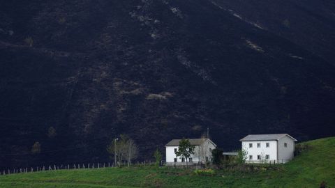 Casas ante un monte afectado por los incendios en Asturias