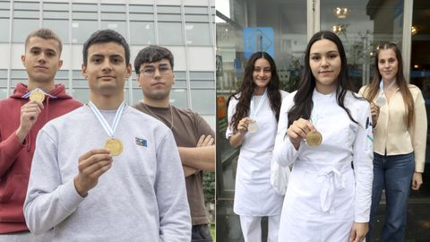 Alumnos del Politcnico ganadores en GaliciaSkills (en la foto de la izquierda: Martn Souto, en electrnica; Hctor Snchez, en tecnologa del automvil; y rick Rodrguez, en control industrial) junto a las del CIFP Compostela (foto de la derecha: Emily Rincn, en cocina; Alejandra Gonzlez, en panadera; y Alba Figueiras, en servicio de restauracin). Completan el medallero local pupilos del San Clemente (Martn Muo, en administracin de sistemas en red), IES Lamas de Abade (Mara Molinos, en peluquera), CEE Manuel Navaln (Paula Carnota, en peinado para centros de educacin especial), IES Arza (Alejandro Currs, en floristera) y Macas O Namorado (Gabriel Figueira, en control industrial).