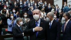 Erdogan, en una reuni�n con miembros del partido islamista AKP el pasado jueves