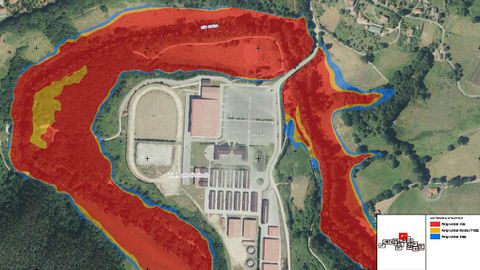 Mapa de riesgo de la cuenca del ro Nora, que circunda el centro ecuestre de El Asturcn (Oviedo). En rojo se apuntan las zonas con peligrosidad alta