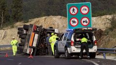 Un cami�n cargado de biomasa vuelca en la rotonda de Area