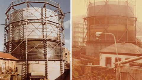 A la derecha, el gasómetro de Gijón y, a la izquierda, el de Oviedo desde la calle Paraíso