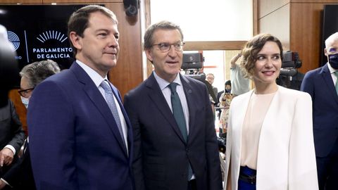Alfonso Fern�ndez Ma�ueco, Alberto N��ez Feijoo e Isabel D�az Ayuso durante la toma de posesi�n de Alfonso Rueda como presidente de la Xunta.