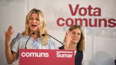 La l�der de Sumar y vicepresidenta segunda del Gobierno, Yolanda D�az, en un mitin en el Palacio de Congresos de Tarragona.