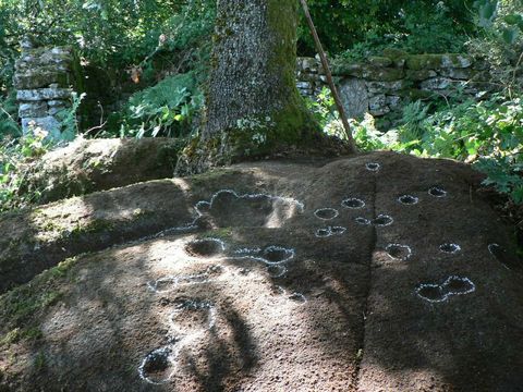 El altar rupestre est� sobre una roca gran�tica (arriba); combinaciones circulares y cazoletas en las dos estaciones de Monte da Costa (abajo).