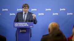 El presidente de Junts, Carles Puigdemont, en una comparecencia posterior a la reunin de su Grupo Parlamentario en Waterloo, Blgica.