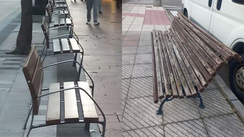 A la izquierda, nuevos bancos en la calle Gil de Jaz. A la derecha, un banco de Ciudad Naranco