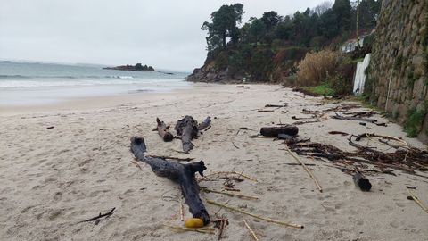 Madera arrastrada por las olas a la playa de Lapam�n, en Bueu