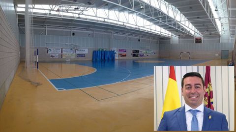 El pabellón polideportivo municipal «Mireia Belmonte», de la localidad murciana de Las Torres de Cotillas, y su alcalde, Pedró José Noguera, del Partido Popular.