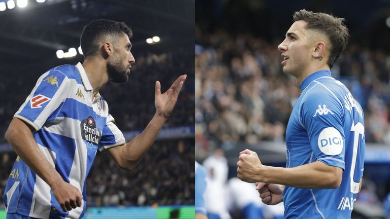 Zakaria Eddahchouri y Yeremay festejan alguno de los goles que han marcado y que han aupado al Deportivo al liderato de Segunda Divisin