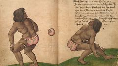 Jugadores aztecas practicando el �ullamaliztli�. La ilustraci�n es de Christoph Weiditz y corresponde a dos p�ginas del �Trachtenbuch�, o �Libro de tradiciones� (c. 1530), que conserva el Germanisches Nationalmuseum de N�remberg. Poco despu�s de la conquista de Tenochtitlan, Cort�s envi� a Espa�a a varios de esos jugadores de pelota, que realizaron una exhibici�n ante Carlos I en Toledo en 1528. Weiditz dej� testimonio de ello
