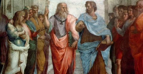 Plat�n ense�ando a Arist�teles, en un detalle del famoso fresco pintado por Rafael �La escuela de Atenas� (1508-1511).