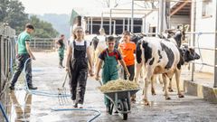 Los alumnos ya estaban por la tarde metidos en faena con la limpieza de los animales