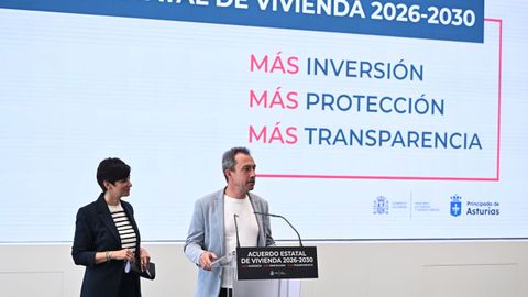 La ministra de Vivienda y Agenda Urbana, Isabel Rodrguez, y el consejero de Ordenacin de Territorio, Urbanismo, Vivienda y Derechos Ciudadanos del Principado de Asturias, Ovidio Zapico, comparecen este mircoles tras su reunin en el marco del Acuerdo Estatal de Vivienda 2026-2030