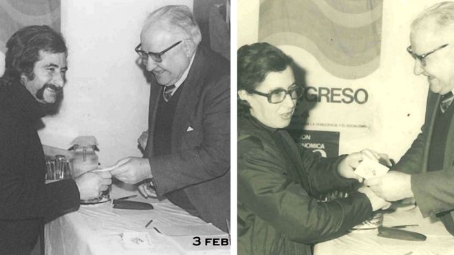 Ricardo Aneiros y Manola L�pez, cuando recibieron los carn�s del PCG de manos de su secretario xeral Santiago �lvarez
