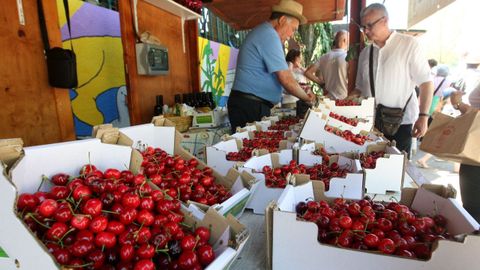 Un puesto de venta en la última edición de la Festa da Cereixa, do Viño e do Aceite de Ribas de Sil