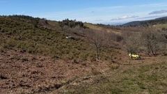 El veh�culo accidentado, a la izquierda, en el lugar del monte de Arru�s, en Vilar de Barrio, donde ocurri� el accidente.