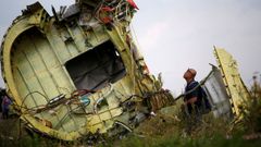 Un investigador inspecciona los restos del fuselaje del avin de Malasya Airlines, en la regin del Donestk, en el 2019