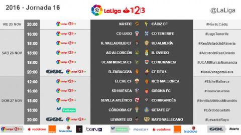 Horarios de la Jornada 16 de LaLiga 123