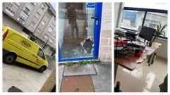 La furgoneta que fue sustra�da, el agujero en la puerta de cristal por el que se accedi� a la nave y las monedas que quedaron desperdigadas por la oficina.