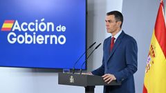 El presidente del Gobierno, Pedro S�nchez, durante su declaraci�n institucional en la Moncloa.