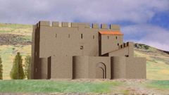Recreaci�n virtual del Castillo Fortaleza de Oviedo desde su entrada principal (falta la representaci�n de las murallas), con su ronda almenada
