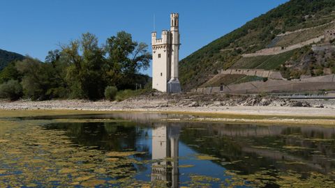 La Torre de los Ratones se refleja en el r�o Rin en Bingen, en Alemania. El r�o Rin registra niveles de agua hist�ricamente bajos en medio de una grave sequ�a