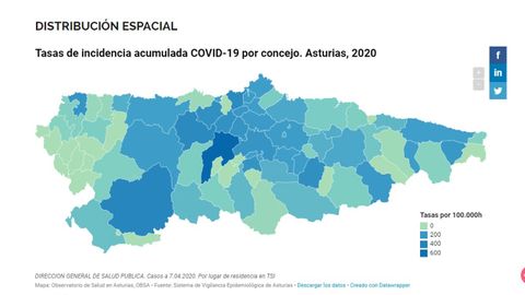 Mapa de la tasa por concejos, en funcin de la poblacin, de los casos confirmados en Asturias de COVID-19 hasta el 7 de abril