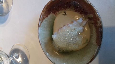 Cigala con artemisa, aceite de vainilla y mantequilla tostada.