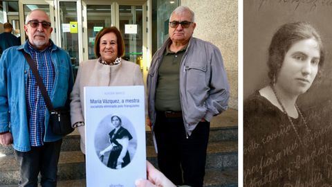 Fernando Ocampo, Aurora Marco y Manuel Fern�ndez Pita, con la imagen de Mar�a V�zquez; y a la derecha otro retrato de la maestra paseada