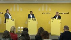 Debate de candidatos a presidir Esquerra, Oriol Junqueras (Militancia Decidimos), Xavier Gods (Nueva Esquerra Nacional) y Helena Sol (Fuego Nuevo), ayer en la sede de la calle Calabria en Barcelona