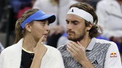 Los tenistas Paula Badosa y Stefanos Tsitsipas en el Abierto de Miami de marzo