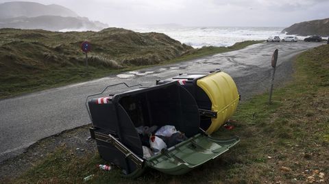 Contenedores tirados por el viento en los accesos a Meir�s.