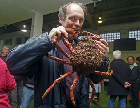 El patr�n mayor de O Grove bromea con una centolla en la lonja meca. 