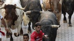 Corredores ante los toros de la ganader�a Miura en el �ltimo encierro de los Sanfermines 2015