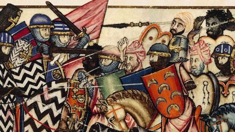 Ilustraci�n medieval de un enfrentamiento entre cristianos y musulmanes en la pen�nsula Ib�rica