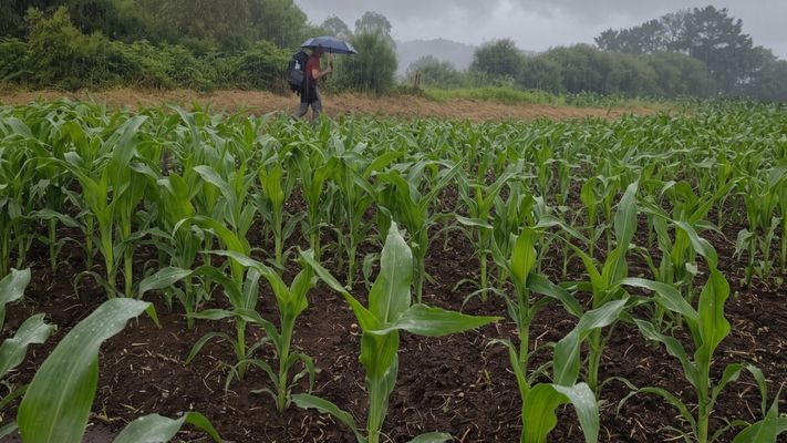 Un peregrino pasando estos d�as junto a un campo de ma�z en Mazaricos