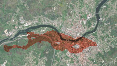 Simulacin del espacio que ocupara la colada del volcn de La Palma en la ciudad de Ourense