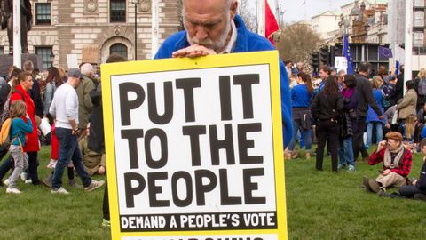 Un hombre porta un cartel en favor de un segundo referendo, durante la marcha celebrada en Londres