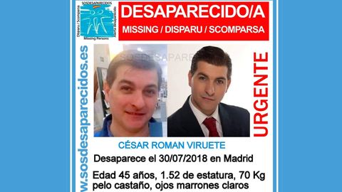 Cartel de SOS Desaparecidos que ofrece los datos de b�squeda de C�sar Rom�n el rey del cachopo