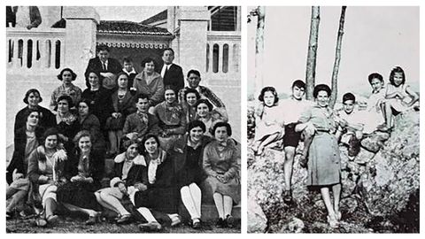 � esquerda, foto da Sociedade Amigos da Paisaxe Galega, do Seixo (Mugardos), en 1928, onde houbo un grupo dunhas 30 mulleres moi activas que traballaron en diferentes secci�ns. � dereita, Amalia �lvarez Gallego, da Sociedade Polif�nica de Pontevedra. Vi�va de Alexandre B�veda, termou do seu legado at� a morte. Mestra, funcionaria de Facenda. Na imaxe, cos fillos na d�cada dos 40