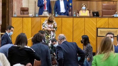 Varios diputados buscando una rata que ha irrumpido en el saln de plenos del Parlamento andaluz durante el inicio del pleno