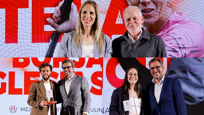 De izquierda a derecha y de arriba a abajo:Teresa Portela (pirag�ista medallista ol�mpica, campeona del mundo y de Europa) Mejor Trayectoria Recogi� el premio de manos del presidente de La Voz, Lois Blanco. El consejero celeste Sergio �lvarez (izquierda) recogi� el galard�n de manos del conselleiro de Presidencia, Xustiza e Deporte, Diego Calvo. Melania Rodr�guez (gimnasta campeona del mundo) Mejor deportista Le entreg� el premio Borja Cancela, responsable comercial de Iberdrola en Galicia y Asturias.