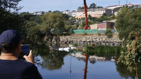 Colocan grandes sacos en el ro Mio en Lugo para reconstruir el caneiro de Acea de Olga