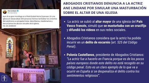 A la izquierda, la polémica actuación de Lindane, que ella misma difundió en vídeo a través de redes sociales. A la derecha, la denuncia de la asociación.